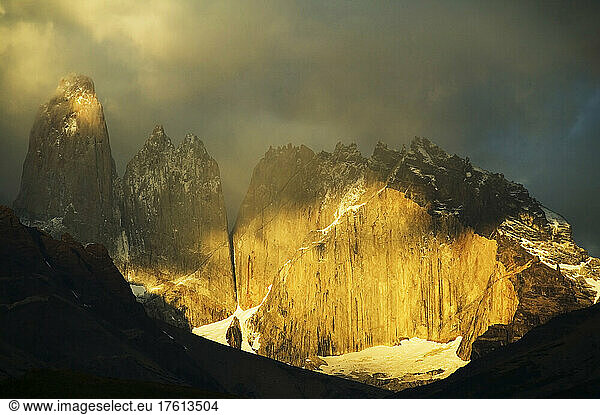 Sunrise sunlight in Torres del Paine National Park  Patagonia  Chile.; Torres del Paine National Park  Patagonia  Chile.