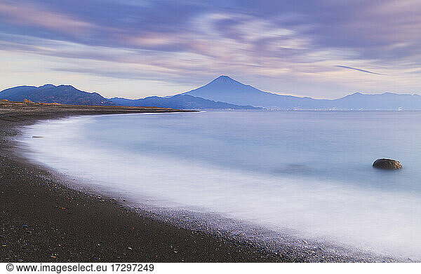 Sunrise view of Mount Fuji from the beach  Shizuoka Prefecture  Japan