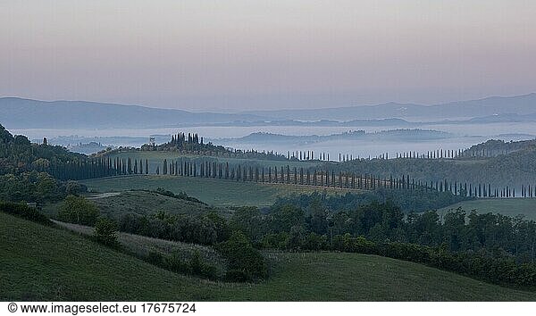 Sunrise with fog in hilly landscape  Crete Senesi  province of Siena  Tuscany  Italy  Europe