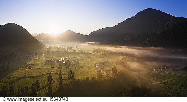 Sunrise with ground fog  Jachenau  Isarwinkel  aerial view  Upper Bavaria  Bavaria  Germany  Europe