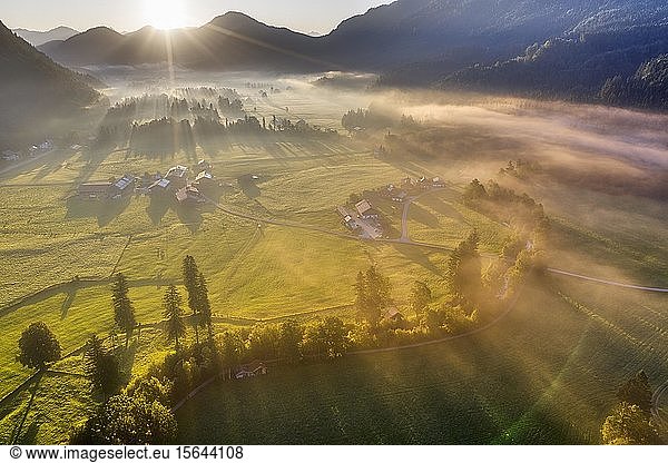 Sunrise with ground fog  Jachenau  Isarwinkel  aerial view  Upper Bavaria  Bavaria  Germany  Europe