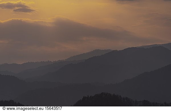 Sunset  clouds and mountain silhouettes  Takayama  Gifu  Japan  Asia