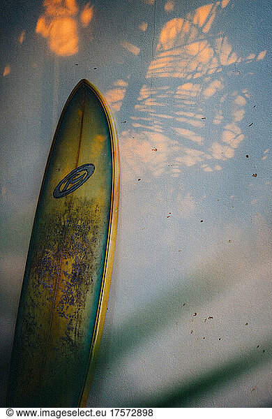 Sunset light over a surf board