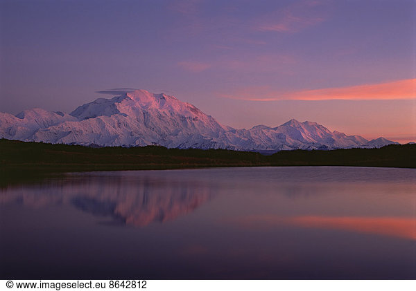 Sunset  Mount McKinley in Denali National Park  Alaska reflected in Reflection Pond.