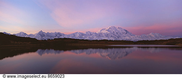 Sunset  Mount McKinley in Denali National Park  Alaska reflected in Reflection Pond.