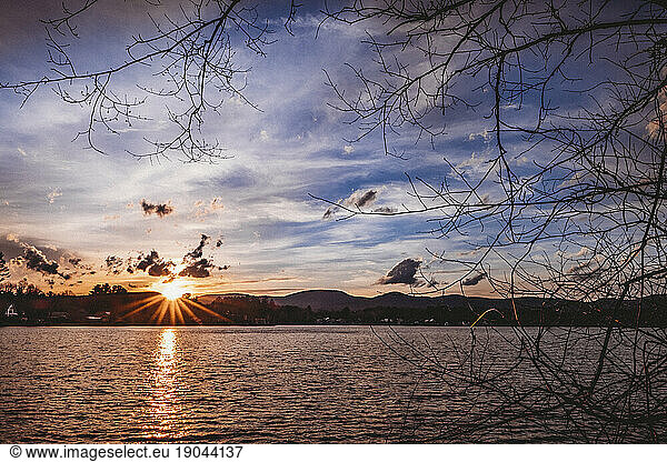 Sunset on lake in Western Massachusetts during Spring