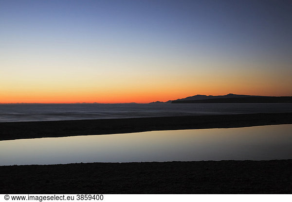 Sunset on the beach of Is Arenas looking towards Capo Marinu  Arborea Province  Sardinia  Italy  Europe
