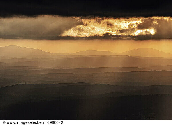 Sunset over the Ozark Mountains western Arkansas from Mount Magazine