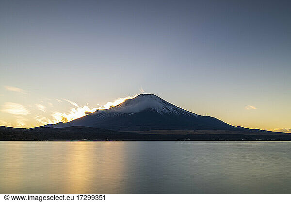 Sunset view of Mount Fuji from lake Yamanaka  Yamanashi Prefecture  Japan