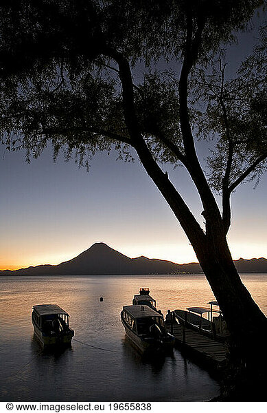 Sunset with boats at Lake Atitlan  Panajachel  Gautemala