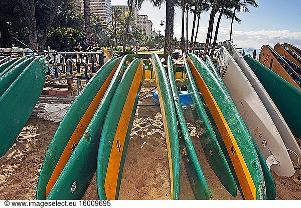 Surfboards on the beach at Waikiki Beach. O'ahu. Hawaii. Waikiki is most famous for its beaches and every room is just two or three blocks away from the sea. With Leahi (Diamond Head) as your backdrop  the calm waters of Waikiki are perfect for a surfing lesson. In fact  legendary Hawaiian waterman Duke Kahanamoku grew up surfing the waves of Waikiki. This Olympic gold medalist in swimming actually taught visitors how to surf at the turn of the century and was later known as ?. ?The father of modern surfing. ?.Today  the Waikiki Beach Boys perpetuate Duke?.s legacy by teaching visitors how to surf and canoe and the Duke Kahanamoku Statue has become an iconic symbol of Waikiki. Located on the south shore of Honolulu  the world-famous neighborhood of Waikiki was once a playground for Hawaiian royalty. Known in Hawaiian as 'spouting waters ' Waikiki was introduced to the world when its first hotel  the Moana Surfrider  was built on its shores in 1901. Today  Waikiki is Oahu?.s main hotel and resort area and a vibrant gathering place for visitors from around the world. Along the main strip of Kalakaua Avenue you'll find world-class shopping  dining  entertainment  activities and resorts.