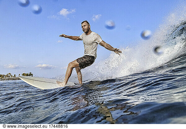 Surfer on a wave  Maldives  Indian ocean