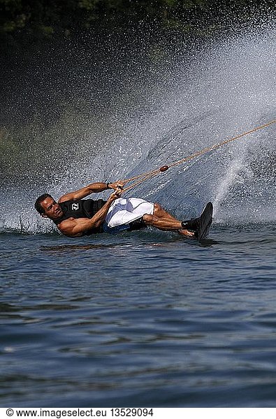 Surfer with wakeboard  Nordstrand lake near Erfurt  Thuringia  Germany  Europe