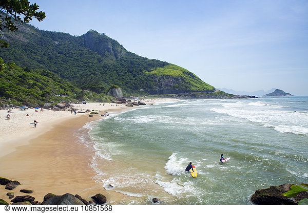 Surfers on Prainha beach  Barra da Tijuca  Rio de Janeiro  Brazil  South America
