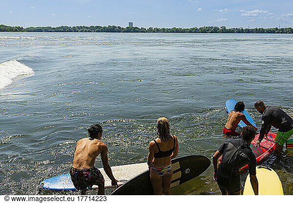 Surfing in the St. Lawrence River in Montreal; Montreal  Quebec  Canada
