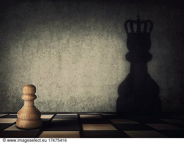 Surreal transformation of the pawn chess piece into a powerful king or queen. Motivation and self confidence metaphor  overcoming obstacles and achieving success. Leadership and authority concept