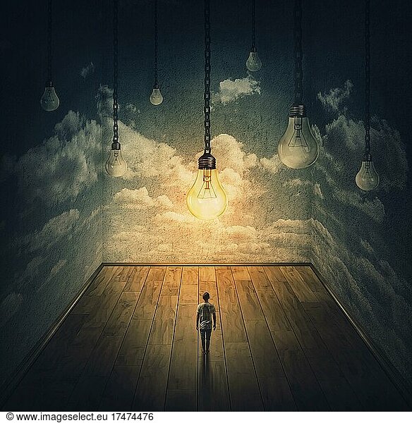Surreale Szene mit einer Person  die in einem riesigen dunklen Raum isoliert ist  und eine Menge Glühbirnen hängen über seinem Kopf  nur eine Lampe leuchtet. Abenteuer auf der Suche nach Wissen  kreative Idee Konzept