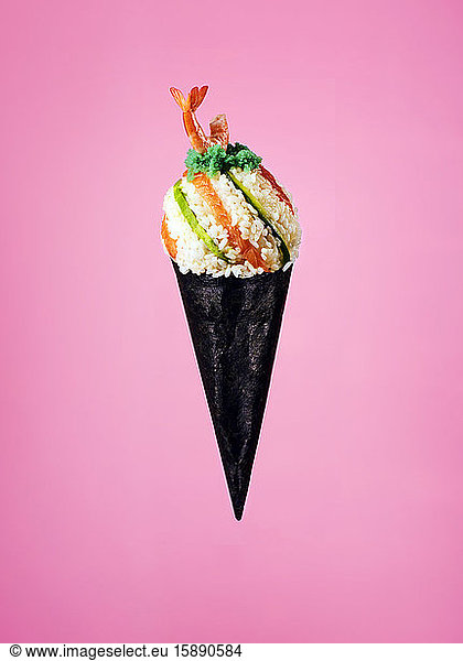 Sushi ice cream cone with rice  wasabi  salmon and prawn