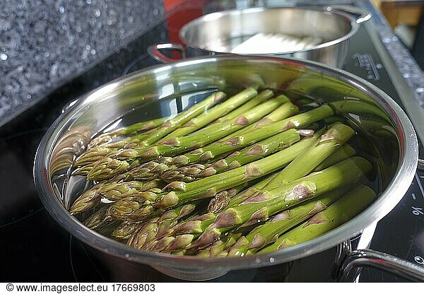 Swabian cuisine  cooking green asparagus  preparing Pfitzauf with asparagus salad and honauforelle  asparagus in the saucepan  vegetables  healthy cuisine  traditional cooking  food photography  studio  Germany  Europe