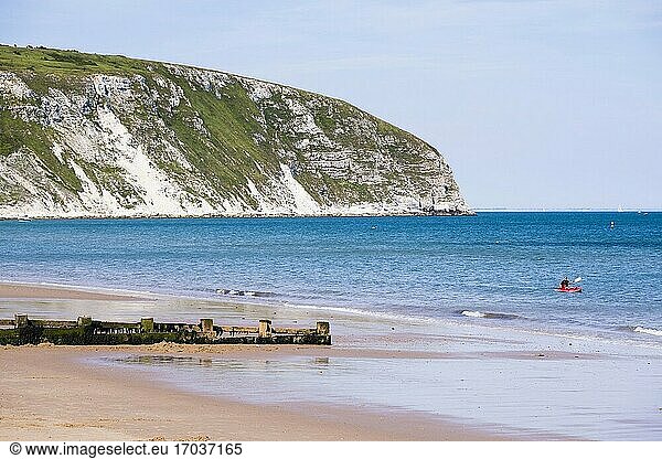 Swanage Beach und weiße Klippen  Dorset  Jurassic Coast  England  Vereinigtes Königreich  Europa