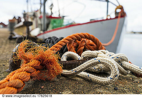 Sweden  Halland  Glommen  Mooring rope of ship secured in harbor