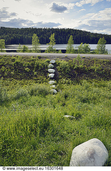 Sweden  Jokkmokk  Stone marking at polar circle