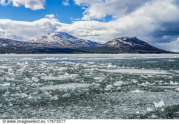 Sweden  Norrbotten County  Ice floating in Akkajaure reservoir with mountains in background