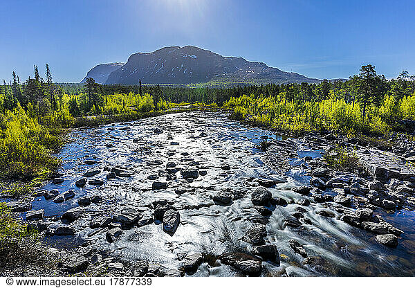 Sweden  Norrbotten County  River flowing in Stora Sjofallet National Park