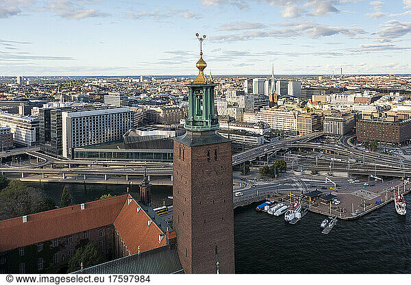 Sweden  Stockholm County  Stockholm  Aerial view of bell tower ofÂ Stockholm City Hall