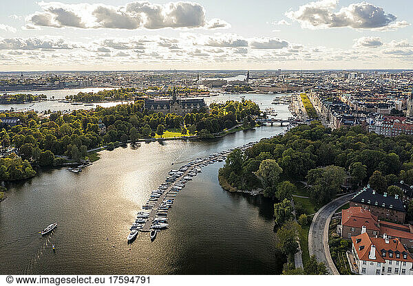Sweden  Stockholm County  Stockholm  Aerial view of Djurgarden and Nobel Park at dusk