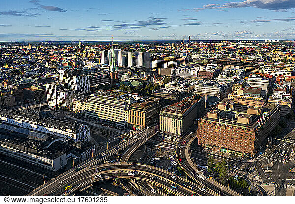 Sweden  Stockholm County  Stockholm  Aerial view of downtown area aroundÂ Stockholm Central Station