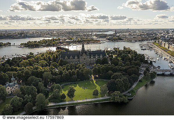 Sweden  Stockholm County  Stockholm  Aerial view of Nordic Museum and Djugarden at dusk