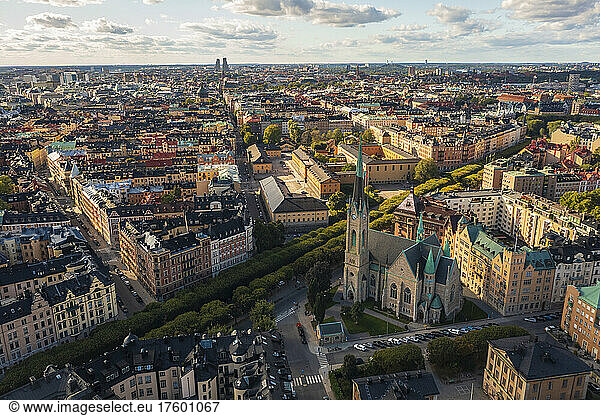 Sweden  Stockholm County  Stockholm  Aerial view of Oscars Church and surrounding houses of Ostermalm district