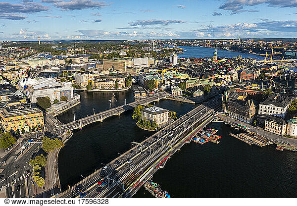 Sweden  Stockholm County  Stockholm  Aerial view of Riddarholmen and Parliament Building with old town in background
