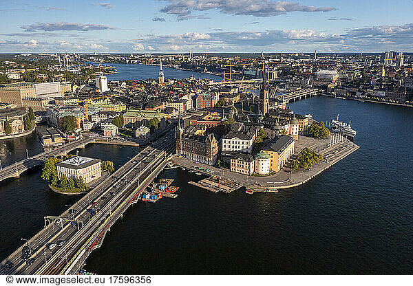 Sweden  Stockholm County  Stockholm  Aerial view of Riddarholmen with old town in background