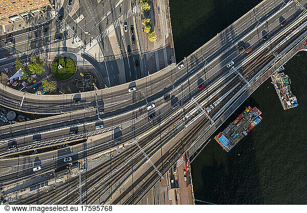 Sweden  Stockholm County  Stockholm  Aerial view of traffic along bridge highway
