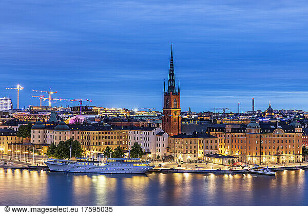 Sweden  Stockholm County  Stockholm  Skyline of Riddarholmen at blue dusk
