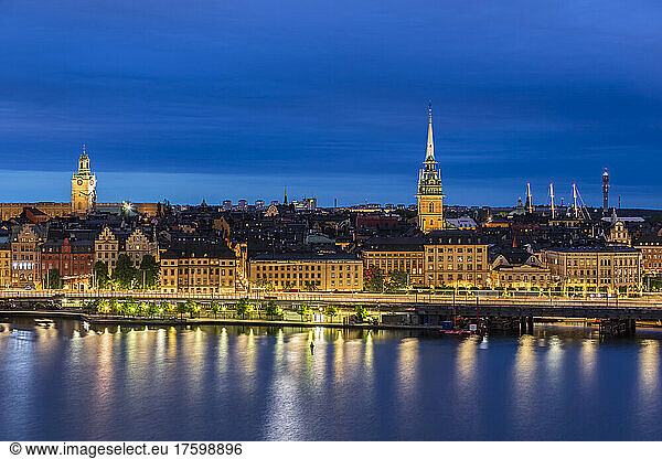 Sweden  Stockholm County  Stockholm  Skyline ofÂ RiddarholmenÂ at blue dusk