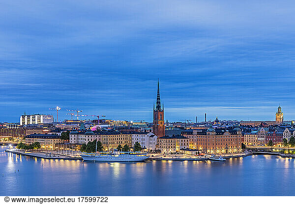 Sweden  Stockholm County  Stockholm  Skyline ofÂ RiddarholmenÂ at blue dusk