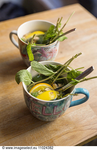 Sweden  Stockholm  Gamla Stan  Two cups with leaves and lemon slices