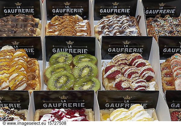 Sweet pastries  topped waffles for sale  Waffle bakery La Gaufrerie  Brussels  Belgium  Europe