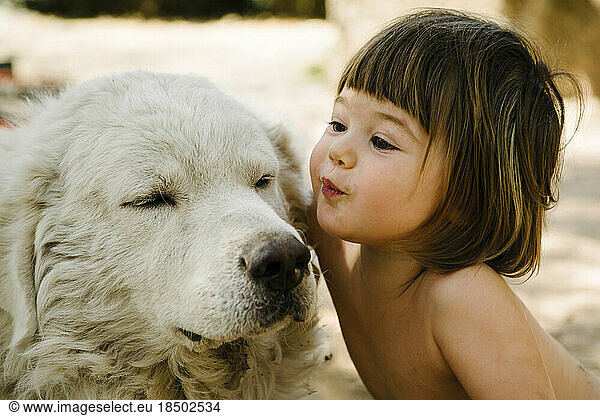 Sweet Toddler affectionately kisses old white dog
