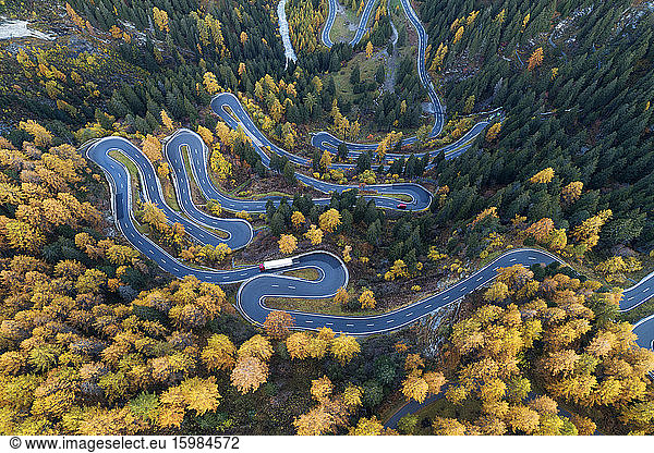 Switzerland, Canton of Grisons, Saint Moritz, Drone view of Maloja Pass in autumn