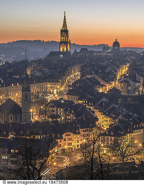 Switzerland  Bern Canton  Bern  View of illuminated old town in morning