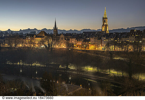 Switzerland  Bern Canton  Bern  View of Rosengarten park promenade at dusk