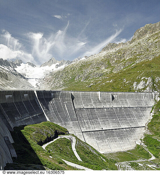 Switzerland  Canton of Bern  Bernese Alps  Upper Aare-Lake and Upper Aare-Glacier  dam wall