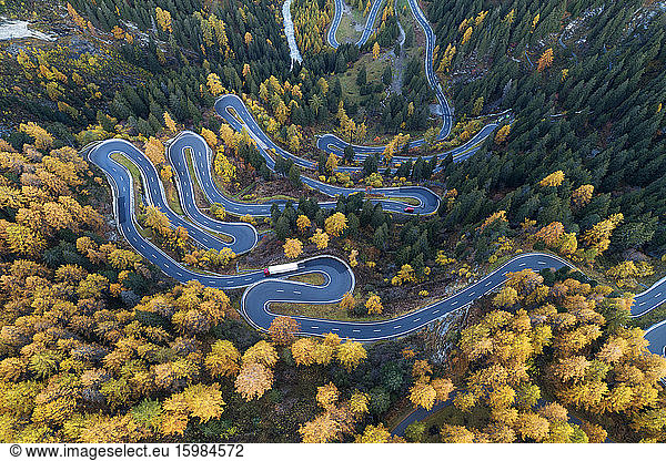 Switzerland  Canton of Grisons  Saint Moritz  Drone view of Maloja Pass in autumn