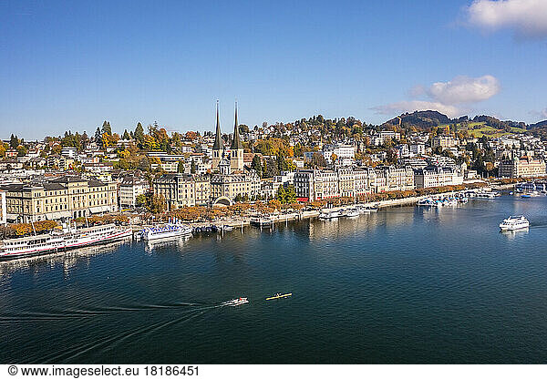 Switzerland  Canton of Lucerne  Lucerne  Aerial view of lakeshore city in autumn