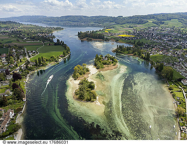 Switzerland  Canton of Schaffhausen  Stein am Rhein  Aerial view of Lake Constance and Werd Islands in summer