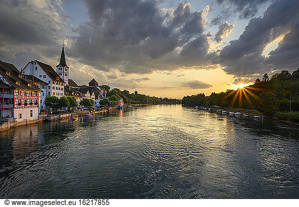 Switzerland  Canton of Thurgau  Diessenhofen  High Rhine and adjacent village at moody sunset